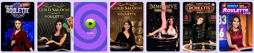 SpinBara Live-Spiele-Auswahl Sechs Live-Roulette- und Spielangebot-Karten nebeneinander in einer Bildlaufleiste.