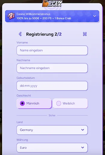 Registrierungsformular Schritt 2 mit Feldern für Vorname, Nachname, Geburtsdatum, Geschlecht, Land und Währung.