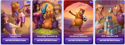 SpinBara Sport-Aktionen: Kombiwetten-Boost, Vorzeitige Auszahlung, Verstärkte Gewinne, Bet Builder. Vier nebeneinander angeordnete Sport-Promokarten mit Kapibara-Maskottchen: „Kombiwetten-Boost bis zu 100 %“, „2 Tore voraus – Vorzeitige Auszahlung“, „Erhöhte Quoten – Verstärkte Gewinne“ und „Bet Builder – 50 % risikofrei bis 50 €“.
