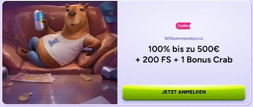 SpinBara Willkommensbonus – 100 % bis zu 500 €, 200 Freispiele & Bonus Crab Gemütliches Kamel auf Sofa mit „Willkommensbonus 100 % bis zu 500 € + 200 FS + 1 Bonus Crab“ Promotionstext