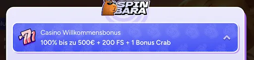 Auswahlleiste „Casino Willkommensbonus – 100 % bis zu 500 € + 200 FS + 1 Bonus Crab“ im SpinBara-Registrierungsfenster.