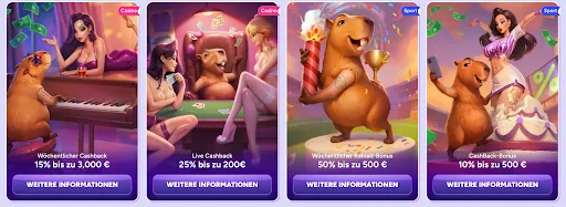 SpinBara Aktionen – Wöchentlicher Cashback 15 % bis 3 000 €, Live Cashback 25 % bis 200 €, Reload-Bonus 50 % bis 500 €, CashBack-Bonus 10 % bis 500 €. Vier nebeneinander angeordnete Bilder mit Kapibara-Maskottchen und folgenden Aktionen: „Wöchentlicher Cashback 15 % bis zu 3 000 €“, „Live Cashback 25 % bis zu 200 €“, „Wöchentlicher Reload-Bonus 50 % bis zu 500 €“ und „CashBack-Bonus 10 % bis zu 500 €“.