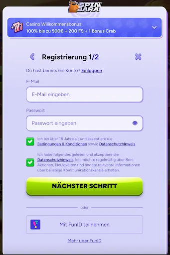 Registrierungsformular Schritt 1 mit Eingabefeldern für E-Mail und Passwort, zwei Checkboxen für Altersbestätigung und Datenschutz sowie Button „Nächster Schritt“.