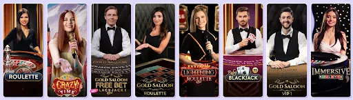 SpinBara Live-Casino-Hosts Sieben Live-Casino-Spielleiter:innen an ihren Tischen nebeneinander.