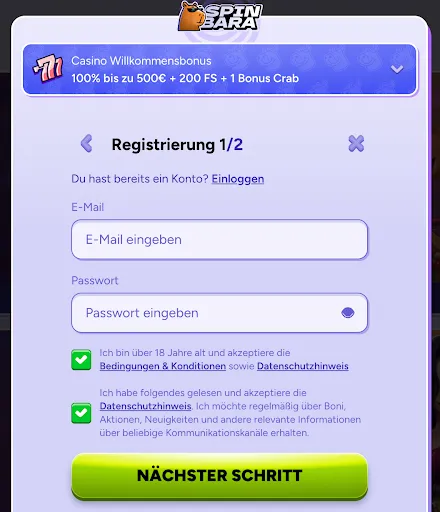 SpinBara Registrierung 1/2 – Casinowillkommensbonus 100 % bis 500 € + 200 FS + 1 Bonus Crab SpinBara Registrierungsfenster Schritt 1 von 2 mit Casino-Willkommensbonus, Feldern für E-Mail und Passwort, zwei Checkboxen für Alters- und Datenschutzbestätigung sowie Schaltfläche „Nächster Schritt
